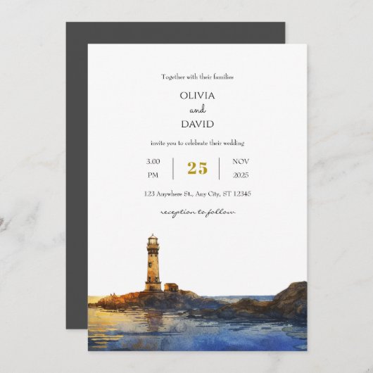 Twilight Rocky Lighthouse Watercolor Beach Hochzei Einladung (Vorne/Hinten)