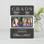 Twin Abschluss Class of 2022 Film Theme Foto Inv Einladung (Stehend Vorderseite)