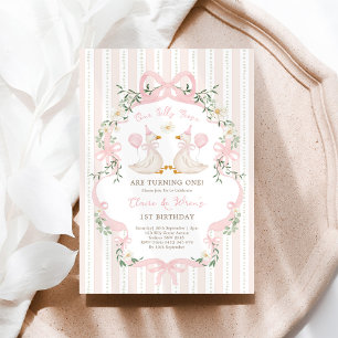 Twin Albern Gänse Pink Bow Sibling Girls Geburtsta Einladung