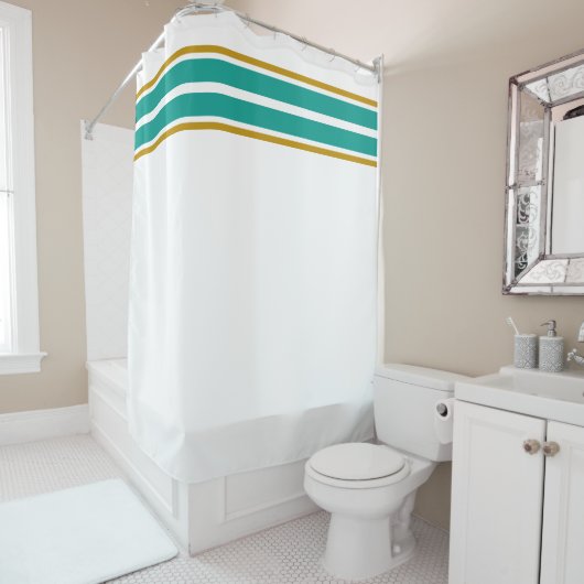 Twin Aqua Aquamarine Spitzenreitstreifen auf weiß Duschvorhang (Beispiel)