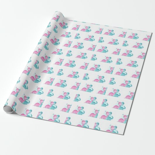 Twin Aqua und Pink Dinosaurier Geschenkpapier (Ungerollt)