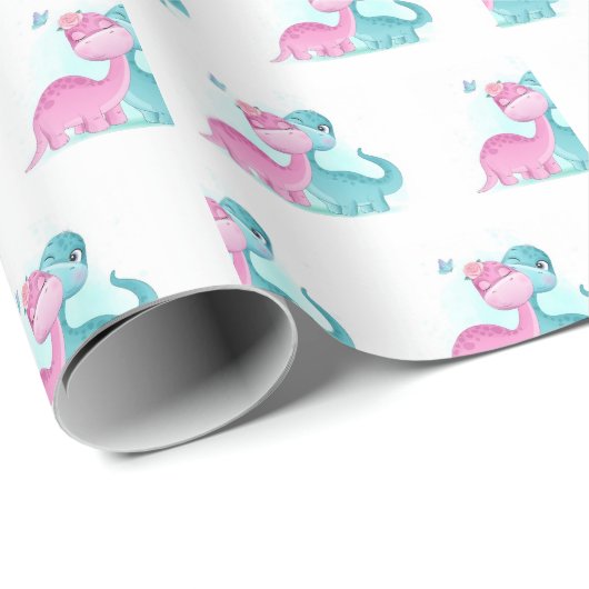Twin Aqua und Pink Dinosaurier Geschenkpapier (Rolleneckpunkt)