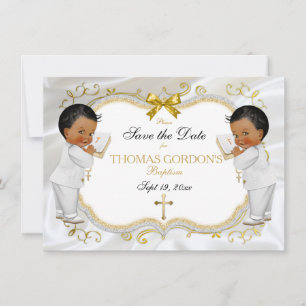 Twin Baby Boys Baptism Save Date White Gold Cross Save The Date