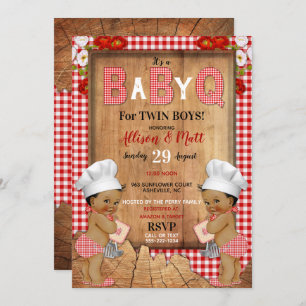 Twin Baby Boys Red Gingham Wood Baby Q Barbecue Einladung