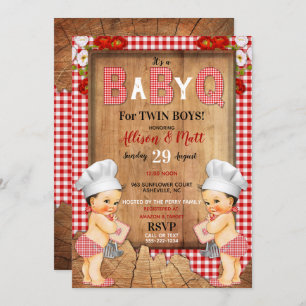 Twin Baby Boys Red Gingham Wood Baby Q Barbecue Einladung