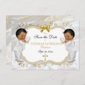 Twin Baby Boys Taufe Rett Datum Weißes Gold Cross Save The Date (Vorne/Hinten)