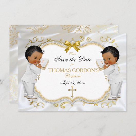 Twin Baby Boys Taufe Rett Datum Weißes Gold Cross Save The Date (Vorne/Hinten)