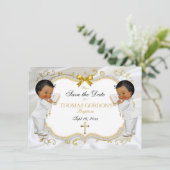 Twin Baby Boys Taufe Rett Datum Weißes Gold Cross Save The Date (Stehend Vorderseite)