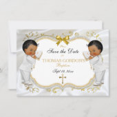 Twin Baby Boys Taufe Rett Datum Weißes Gold Cross Save The Date (Vorderseite)