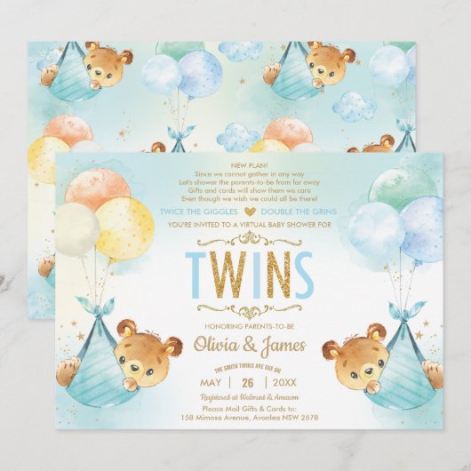 Twin Baby Boys Teddy Bears Baby Dusche by Mail Einladung (Vorne/Hinten)