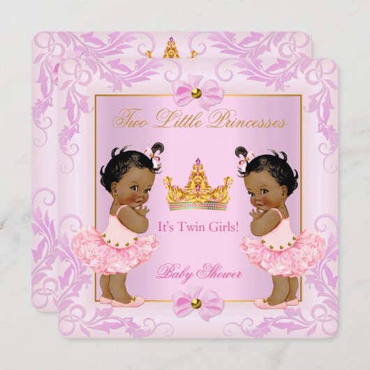 Twin Baby Dusche Princess Tiara Girl Pink Ethnic Einladung (Vorne/Hinten)