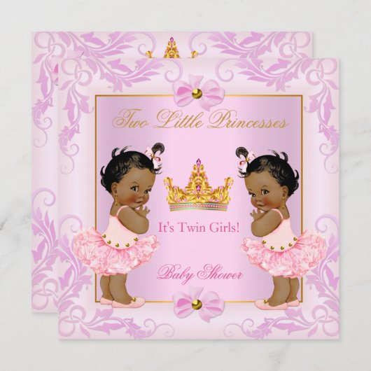 Twin Baby Dusche Princess Tiara Girl Pink Ethnic Einladung (Vorne/Hinten)