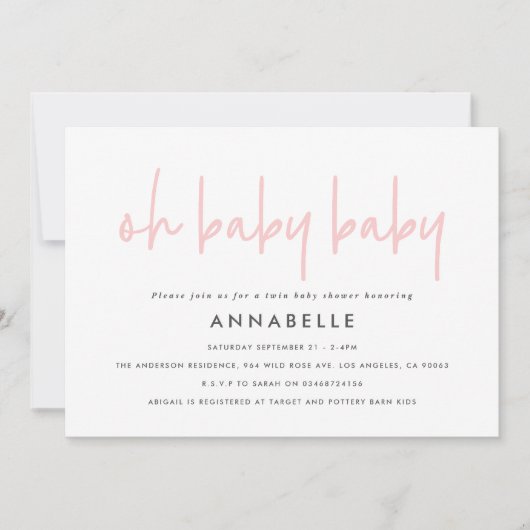 Twin Baby Dusche Rosa mädchenhafte moderne Typogra Einladung (Vorderseite)