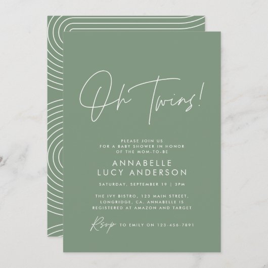 Twin Baby Duschskript moderne Weise grün elegant Einladung (Vorne/Hinten)