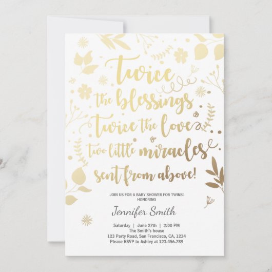 Twin Baby Duwer Einladung Gold weiße Segnungen (Vorderseite)