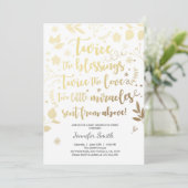 Twin Baby Duwer Einladung Gold weiße Segnungen (Stehend Vorderseite)