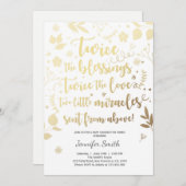 Twin Baby Duwer Einladung Gold weiße Segnungen (Vorne/Hinten)