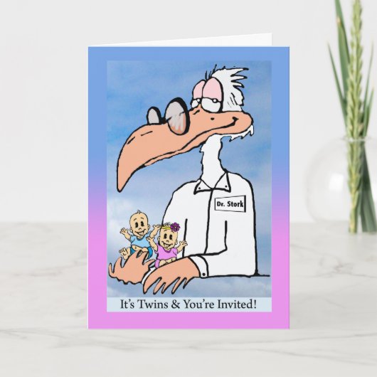 Twin Baby Girl and Boy Shower Invite, Dr. Stork Einladung (Vorderseite)