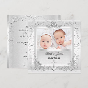 Twin Baby Girl Boy Christening Taufe Weiß Einladung