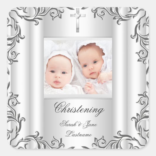 Twin Baby Girl Boy Christening Taufe Weiß Quadratischer Aufkleber (Vorderseite)