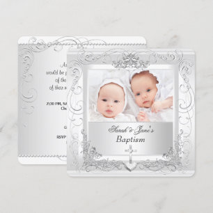 Twin Baby Girl Boy Christening Taufe White 2a Einladung
