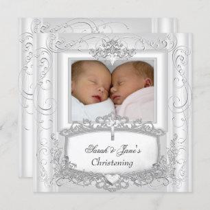 Twin Baby Girl oder Boy Christening Taufe Weiß Einladung