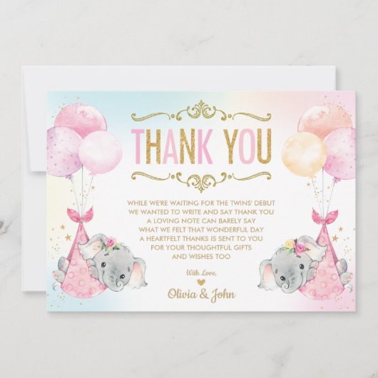 Twin Baby Girls Elephant Baby Showküche Dankeskarte (Vorderseite)