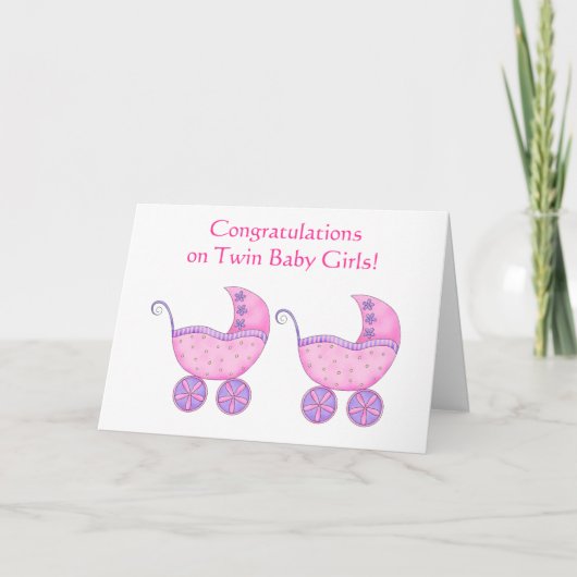 Twin Baby Girls Herzlichen Glückwunsch Pink Buggy Karte (Vorderseite)