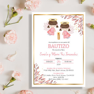 Twin Baby Girls Invitacion Bautizo Blätter Taufe Einladung