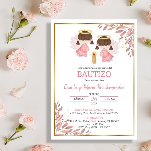 Twin Baby Girls Invitacion Bautizo Blätter Taufe Einladung