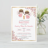 Twin Baby Girls Invitacion Bautizo Blätter Taufe Einladung (Stehend Vorderseite)
