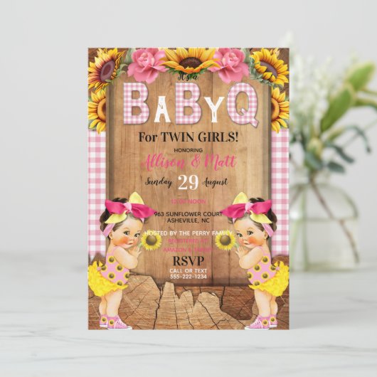 Twin Baby Girls Pink Sunflower Baby Q Barbecue Einladung (Stehend Vorderseite)
