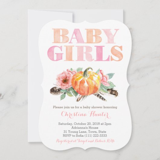 Twin Baby Girls Pumpkin Free Spirit Baby Dusche Einladung (Vorderseite)