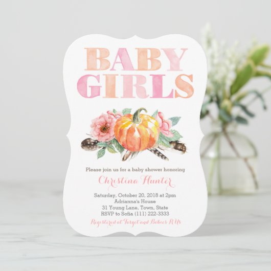 Twin Baby Girls Pumpkin Free Spirit Baby Dusche Einladung (Stehend Vorderseite)