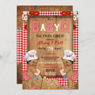 Twin Baby Girls Red Gingham Wood Baby Q Barbecue Einladung