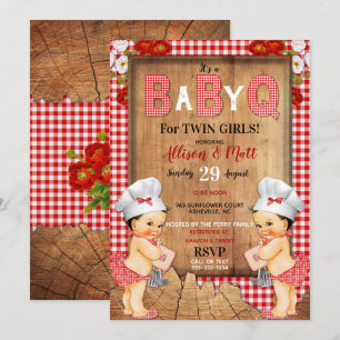 Twin Baby Girls Red Gingham Wood Baby Q Barbecue Einladung