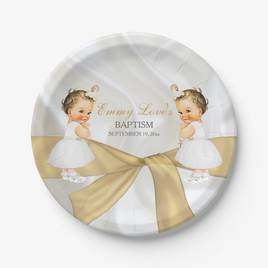 Twin Baby Girls Taufe Christening Gold White Pappteller (Vorderseite)