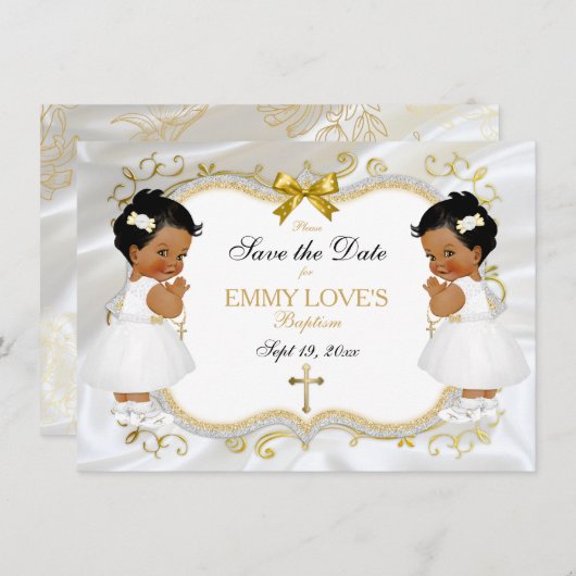 Twin Baby Girls Taufen Rett Datum Weißes Gold Kreu Save The Date (Vorne/Hinten)
