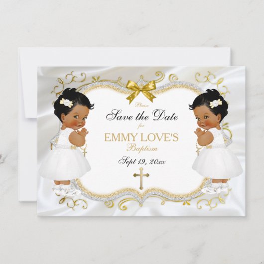 Twin Baby Girls Taufen Rett Datum Weißes Gold Kreu Save The Date (Vorderseite)