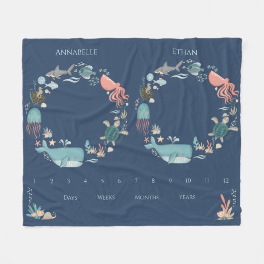 Twin Baby Milestone Blue Under the Sea Animals Fleecedecke (Vorderseite (Horizontal))