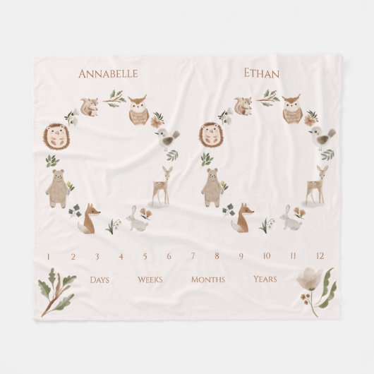 Twin Baby Milestone Boho Woodland Animals Fleecedecke (Vorderseite (Horizontal))