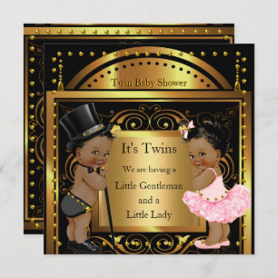 Twin Baby Shower Boy and Girl Gold Ethnic Einladung