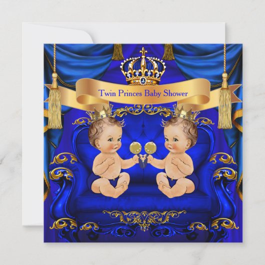 Twin Baby Shower Boy Prince Blue Gold Einladung (Vorderseite)