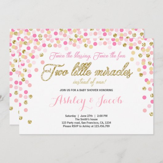 Twin Baby Shower Einladung Mädchen Rosa und Gold (Vorne/Hinten)
