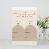 Twin Baby Shower Game - Birth Stats Vorhersagen Ca Briefpapier (Stehend Vorderseite)