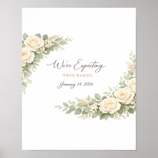 Twin Baby Shower Invitation Botanical Greenery Flo Poster (Vorne)