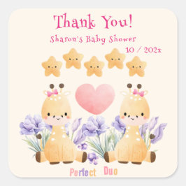 Twin Baby Shower | Niedliche Giraffe Babydusche Quadratischer Aufkleber