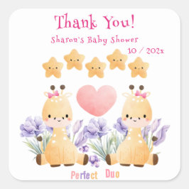 Twin Baby Shower | Niedliche Giraffe Babydusche Quadratischer Aufkleber