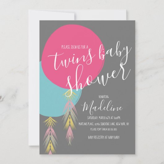 Twin Baby Shower Tassel Boho Ballon Einladung (Vorderseite)