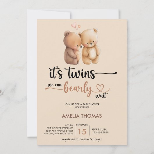 Twin Baby Shower | Teddy Bear Einladung (Vorderseite)